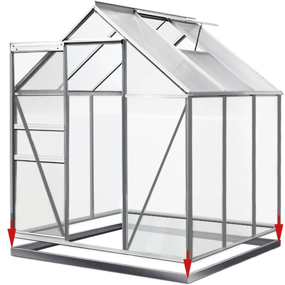 Gewächshaus aus Aluminium mit Pfeilen zum Aufstecken des Fundaments